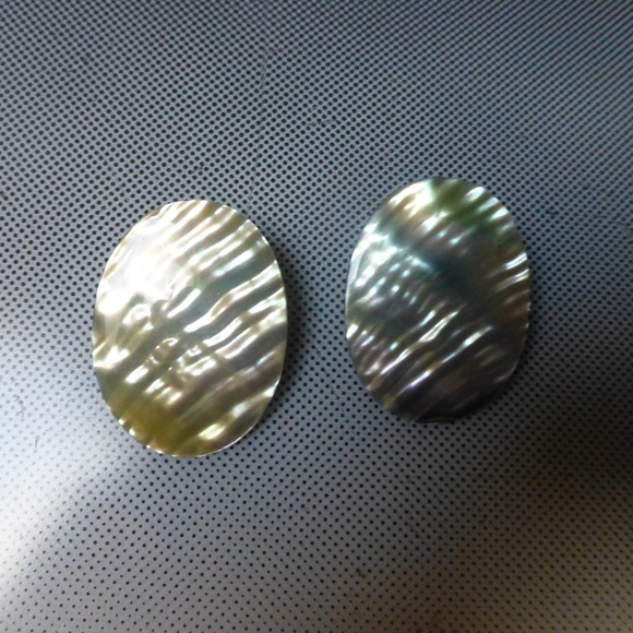 MOTHER OF PEARL DISK TRENDY CLIP EARRINGS - Picture 3 of 4